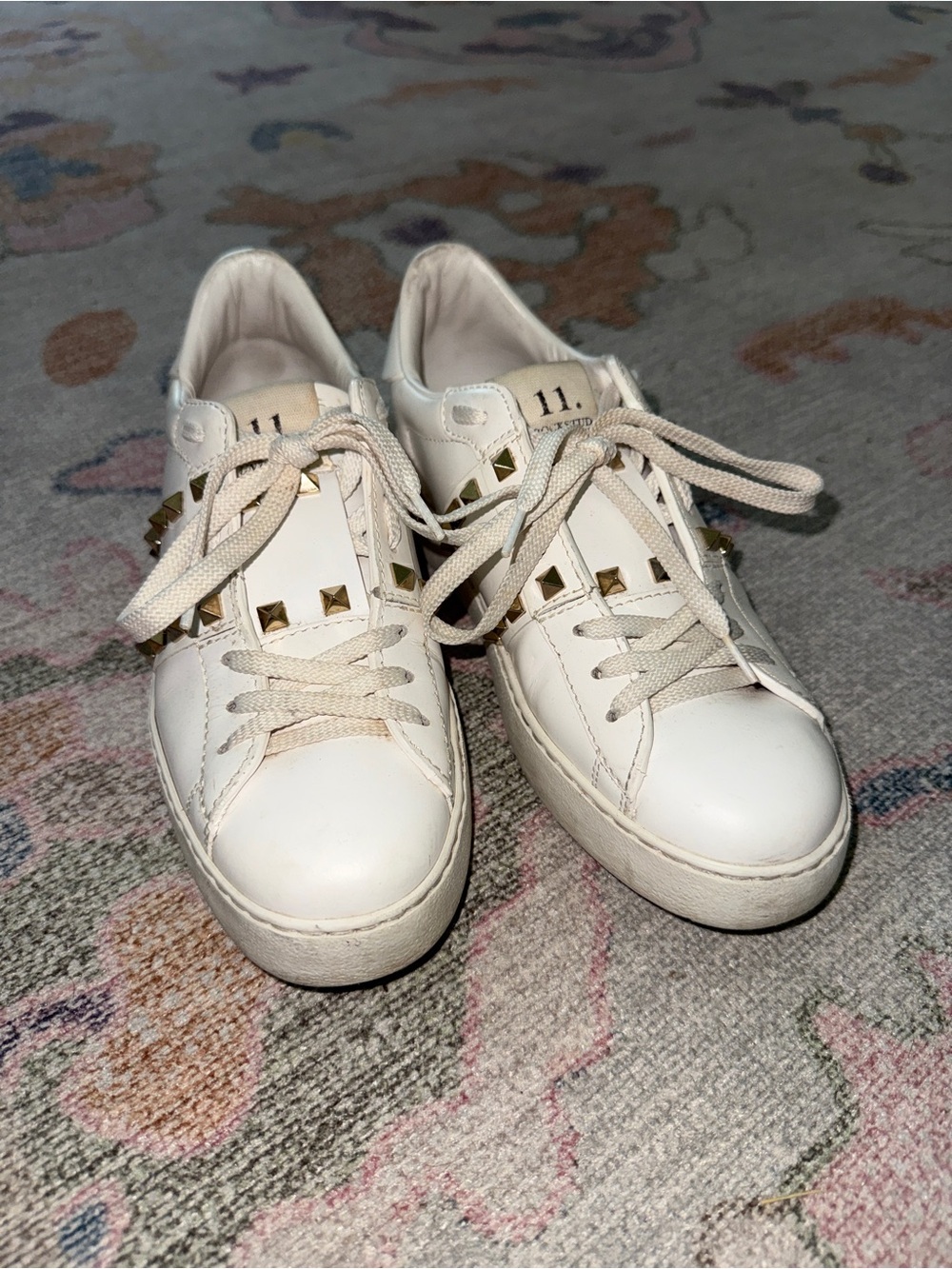 Valentino Garavani White Leather Sneakers with Gold Studs